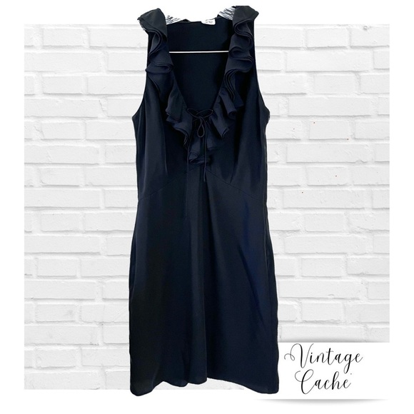 Vintage Cache’ Black Cocktail Sheath Dress Women’s Size 4 Ruffle Lace Up 90’s - Picture 1 of 15